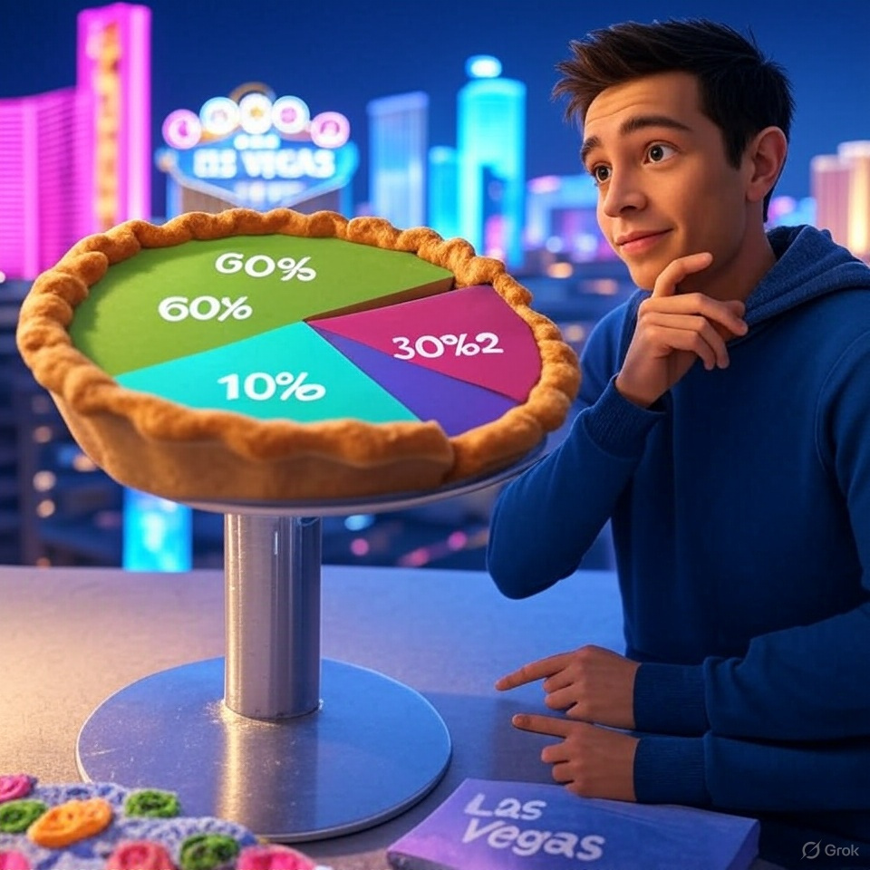 Whimsical Donation Graphic: 60% Investments, 30% Charity, 10% Futuristic Las Vegas